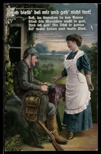 AK Ach bleib` bei mir und geh` nicht fort!, Ach, da draussen in der Ferne..., Soldat mit seiner Frau, Soldatenliebe