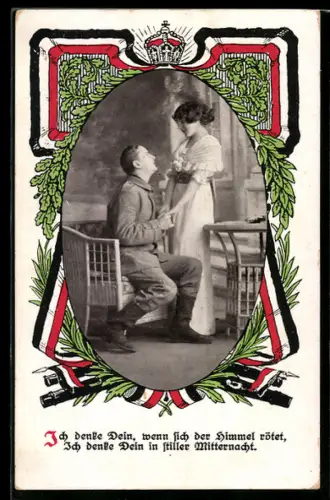 AK Infanterie-Soldat zu Hause bei seiner Frau in trauter Zweisamkeit