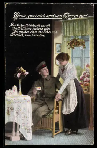 AK Artillerie-Soldat im Hause bei seiner Frau bei Teestunde