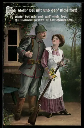 AK Soldat in Uniform mit Pickelhaube und Gewehr bei seiner Frau, Abschiedsszene