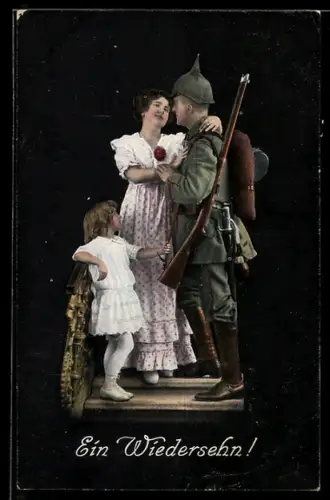 AK Soldat bei Ausmarsch ins Feld verabschiedet sich von Frau und Kind