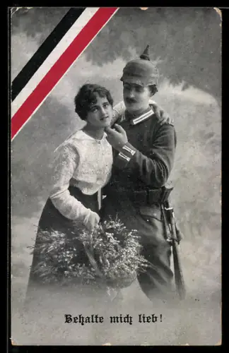 AK Soldat in Uniform mit Pickelhaube und Bajonett mit junger Frau, Abschiedsszene