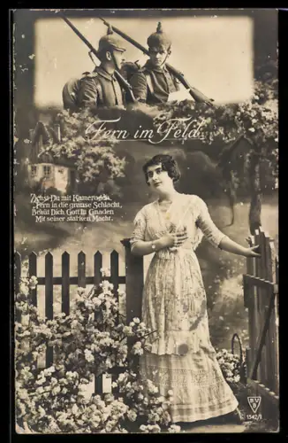 AK Zwei Soldaten bei Ausmarsch ins Feld, junge Frau am Gartentor