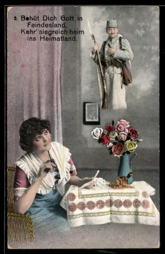 AK K.u.K. Soldat in Uniform mit Gewehr im Feld, junge Frau denkt an ihren Liebsten