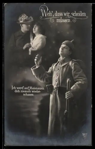 AK Soldat in Uniform mit Pickelhaube und Gewehr, junger Mann als Gemusterter mit junger Frau