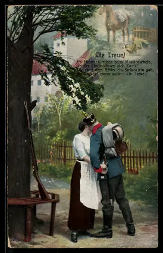 AK Soldat marschmässig ausgerüstet verabschiedet sich von seiner Liebsten