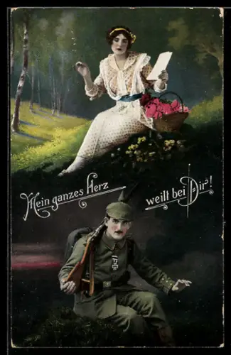 AK Soldat in Uniform mit Pickelhaube und EK II 1914, junge Frau mit Feldpostbrief