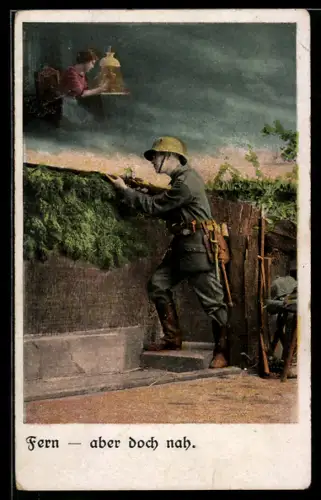 AK Soldat in Uniform mit Stahlhelm auf Stellung hinter einer Mauer, junge Frau mit Brief