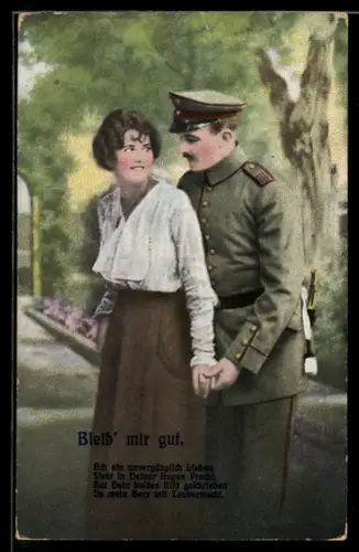 AK Soldat in Uniform mit Schirmmütze und Bajonett mit junger Frau, Abschiedsszene