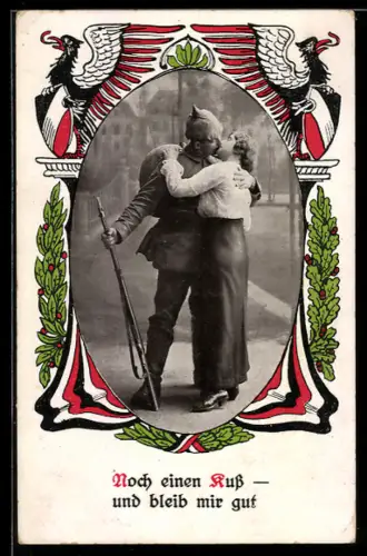 AK Soldat in Uniform und mit Gewehr küsst eine Frau, Soldatenliebe