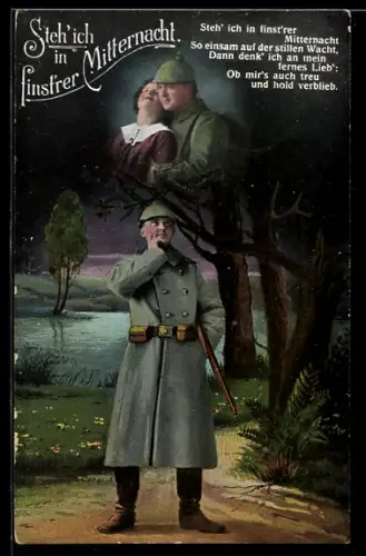 AK Wachsoldat nachts auf Posten denkt an seine Frau