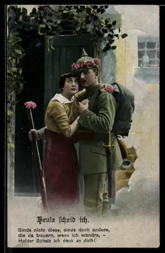 AK Soldat in Uniform und mit Gewehr hält die Hand einer Frau, Soldatenliebe