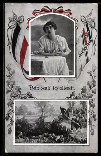 AK Junge Frau denkt an ihren Mann im Feld, Soldaten in Schützenkette am Wegesrand
