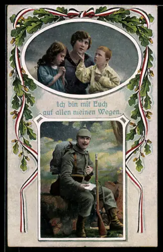 AK Soldat beim Lesen von Feldpostbrief denkt an seine Familie