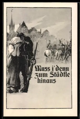 AK Soldat bei Ausmarsch ins Feld verabschiedet sich von seiner Liebsten, abreitende Ulanen-Schwadron