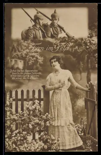 AK Zwei Soldaten bei Ausmarsch ins Feld, junge Frau am Gartenzaun