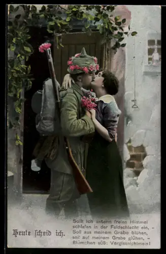 AK Soldat in Uniform und eine Frau küssen sich, Soldatenliebe