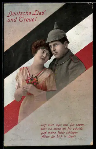Künstler-AK Soldatenliebe vor Nationalflagge