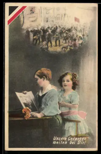 AK Zwei Kinder betrachten das Bild ihres Vaters als Soldat, Ausmarschszene