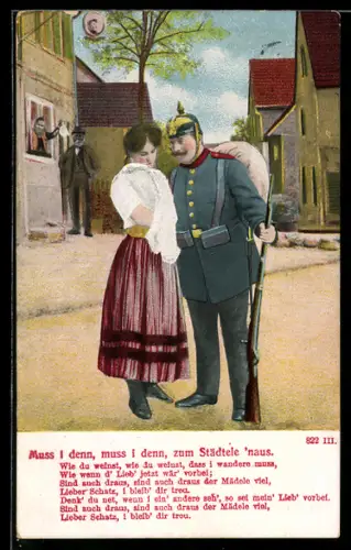 AK Soldat in Uniform mit Pickelhaube bei Ausmarsch ins Feld, Abschiedsszene