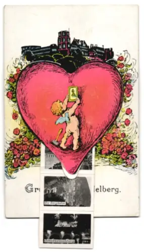 Leporello-AK Heidelberg, Die Bergbahn, Schloss bei Nacht mit Beleuchtung und Universität