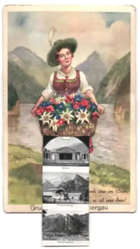 Leporello-AK Oberammergau, Bühne, Passionstheater und Totalansicht mit Bergpanorama