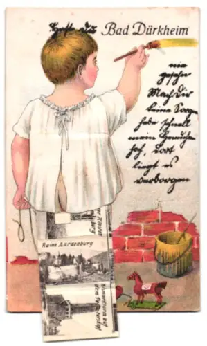 Leporello-AK Bad Dürkheim, Ruine Hardenburg, Bismarckturm auf dem Peterskopf und Turm der Klosterruine Limburg