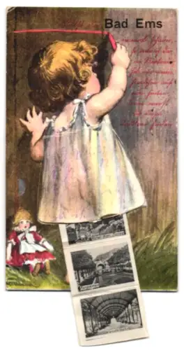 Leporello-AK Bad Ems, Hotel Vier Türme, Partie im Kurgarten und Wandelbahn