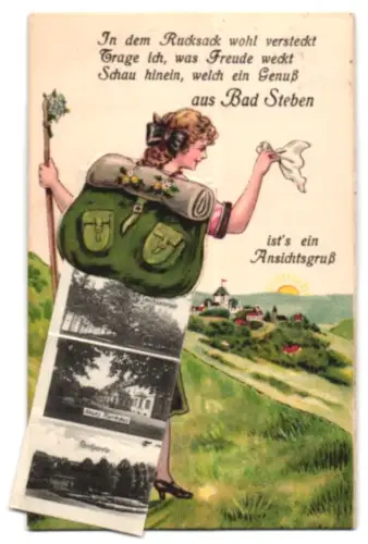 Leporello-AK Bad Steben, Partie im Park, Neues Kurhaus und Sachsenruh