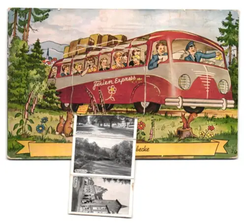 Leporello-AK Lübbecke, Reisebus mit Ansichten von Forsthaus, Langestrasse, Barre-Teich une Wilhelmsplatz