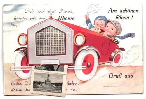 Leporello-AK Koblenz a. Rh., Fahrendes Auto mit Ansichten von Ehrenbreitstein, Stolzenfels, Boppard und Loreley