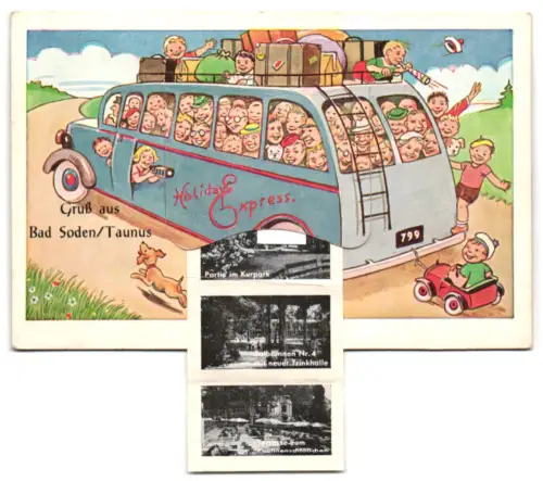 Leporello-AK Bad Soden /Taunus, Reisebus mit Ansichten von Inhalatorium, Kurhaus, Trinkkurhalle und Paulinenschlösschen