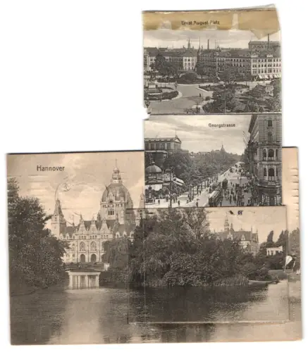 Leporello-AK Hannover, Maschpark mit Rathaus, Ernst August-Platz, Georgstrasse, Listertorturm, Aegidientorplatz