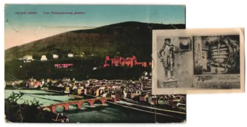 Leporello-AK Heidelberg, Blick vom Philosophenweg, Schloss, Molkenkur, Mensur auf der Hirschgasse, Universität