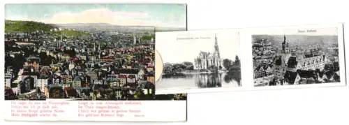 Leporello-AK Stuttgart, Schlossplatz, Königsbau, Wilhelma, Eugensbrunnen, Neues Rathaus, Anlagensee