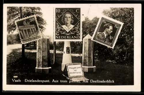 AK Vaals, Am Dreiländerblick, Grenzsteine, deutsche, niederländische u. belgische Briefmarken