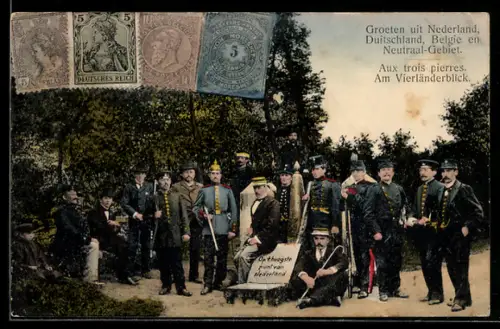 AK Vaals, Am Vierländerblick, Zöllnergruppe, Briefmarken Dt. Reich, Niederlande, Belgien, Neutralgebiet