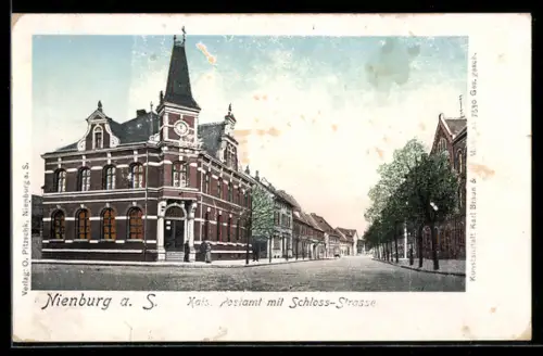 Goldfenster-AK Nienburg a. S., Kais. Postamt, Schloss-Strasse