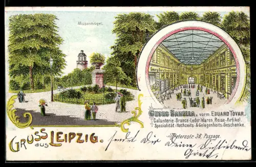 Lithographie Leipzig, Musenhügel, Petersstr. 36, Passage, Georg Barella