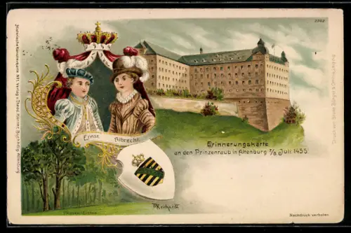Lithographie Altenburg, Schloss, Erinnerung an den Prinzenraub 1455, Prinzen Ernst und Albrecht