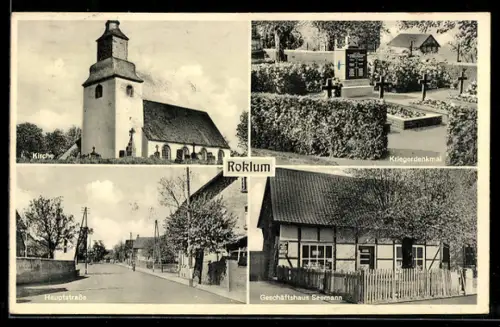 AK Roklum, Kirche, Kriegerdenkmal, Hauptstrasse, Geschäftshaus Seemann