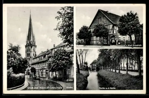 AK Klein-Rhüden /Harz, Kirche, Gemischtwaren v. Karl Friedrich, Partie a. d. Nette