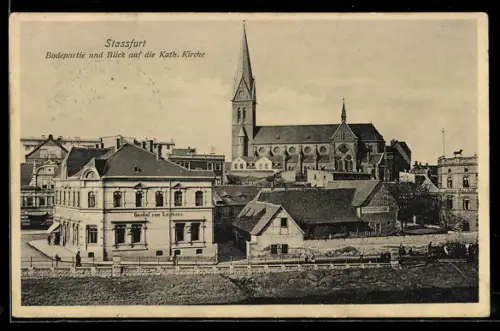 AK Stassfurt, Bodepartie, Kath. Kirche, Gasthof