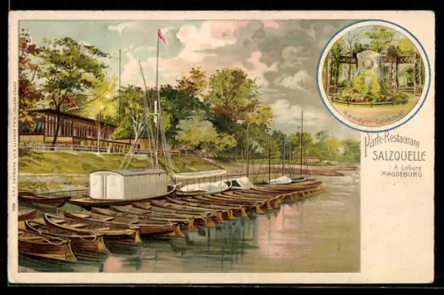 Lithographie Magdeburg, Park-Restaurant Salzquelle, Niemeyer-Denkmal, Bootsanleger