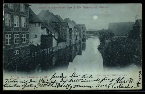 Mondschein-AK Grabow i. M., Elde von der Rehbergerbrücke