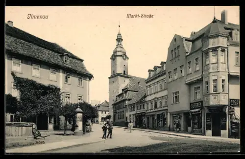 AK Ilmenau, Markt-Strasse mit Turm und Geschäftshäusern