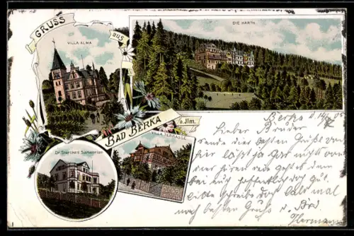 Lithographie Bad Berka, Villa Alma, Dr. Starckes Sanatorium, Villa Terrasse, Die Marth