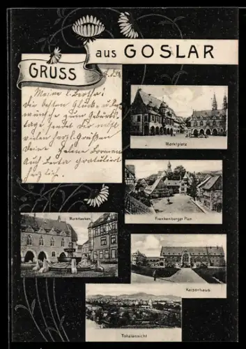 AK Goslar, Marktplatz, Frankenberger Platz, Kaiserhaus, Totalansicht, Blumen-Passepartout