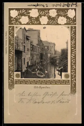 AK Berlin-Spandau, Kanal mit Booten, Blumen-Passepartout