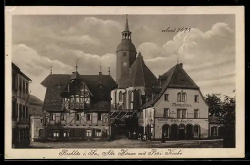 AK Rochlitz i. Sa., Alte Häuser, Petri-Kirche, Restaurant Emil Fischer
